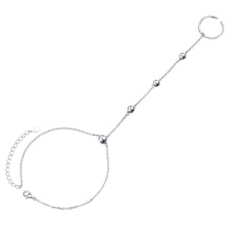 Alphm S925 Sterling Silver Finger Ring Bracelet Attached Hand Harness Bead Chain Set for Women Beads - Image 1